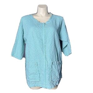 Match Point‎ Top MED Blue Green Check Linen Bl Fringe Comfy Pocket Tunic USA